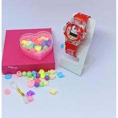 Relógio Infantil Menina Digital Pisca Luz Led Princesas Disney + Kit Miçangas para Montar Criar Pulseiras Colares Anel