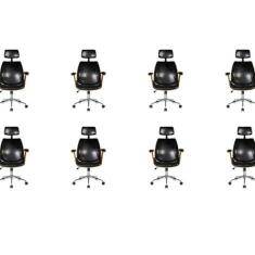 Kit com 8 Cadeiras de Escritório Presidente Giratória com Apoio de Cabeça Office Lisboa Preto