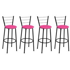 Kit 4 Banquetas Alta Preta com Encosto Assento Rosa Jaddi