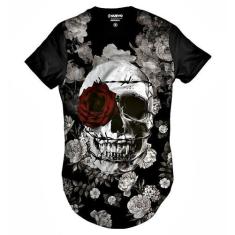 Camiseta Longa Caveira com Coroa de Espinhos e Rosa Vermelha Swag - Di