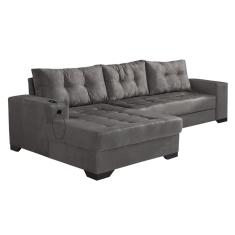 Sofá 5 Lugares Dijon com Chaise Esquerdo e Entrada USB Suede Cinza