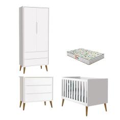 Quarto de Bebê 2 Portas e Cômoda Gaveteiro Theo Branco Pés Amadeirados com Colchão Gazin - Reller 