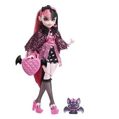 Boneca Monster High, Draculaura com Acessórios e Morcego, Articulada com Cabelo Rosa e Preto. (99 characters)