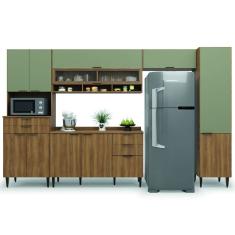 Armário de Cozinha Completa Com Balcão Nicho Para Micro Ondas 11 Portas 5 Gavetas Paris Nogal/Verde Batrol