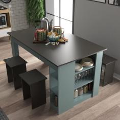 Mesa 140 Cm com 4 Banquetas e Prateleira Esmeralda Grafite /Cinza
