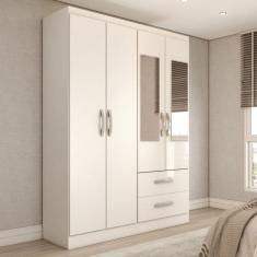 Guarda-Roupa Solteiro Galápagos 4 Portas 2 Gavetas com Espelho Branco Brilho - Panorama Móveis Móveis