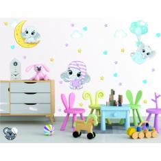Adesivo De Parede Infantil Elefantes Babys Nuvem Estrelas
