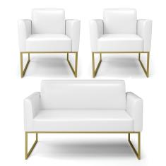 Sofá Namoradeira com 2 Poltronas Base Industrial Dourado Marisa Corano Branco D03 - D?Rossi