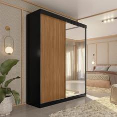 Guarda-roupa Solteiro 2 Portas de Correr 2 Gavetas e Espelho Peônia Yescasa Preto/Amêndola