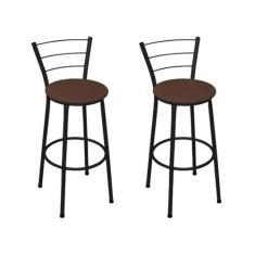 Kit 2 Banquetas Médias Preta com Encosto Assento Marrom - Fortmix