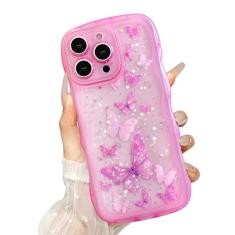 UEEBAI Capa de borboleta ondulada para iPhone 15 Pro Max, linda estrela borboleta brilhante para mulheres, capa de telefone com glitter fofo para meninas, capa transparente, encaracolado à prova de