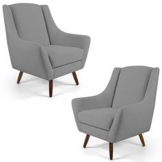 Kit 02 Poltronas Decorativas Juliet Pés De Madeira C-416 Linho Cinza Escuro - Domi