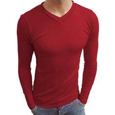 Camiseta Masculina Gola V Rasa Manga Longa cor:vermelho;tamanho:m