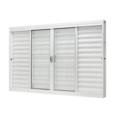 Janela de Aço Veneziana Central 100x120cm 6 Folhas com Grade Quadriculada Ramassol e Vidro Liso Unicsol Ramassol Branco