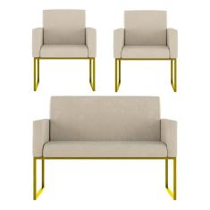 Kit Sofá 2 Lugares + 2 Poltronas Recepção Sala Base Dourada Cor:amarelo Amarelo
