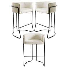 Kit 3 Banquetas Decorativas Base Aço Preto Betina C-107 Linho Bege - Domi
