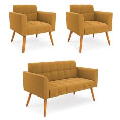 Namoradeira e 2 Poltronas Pé Palito Castanho Elisa Bouclê Mostarda D03 - D`Rossi