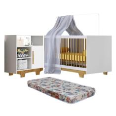 Quarto de Bebê com Berço Mini Cama com Colchão Flocos e Cômoda 100% Mdf 1 Porta 3 Prateleiras Flocos Branco/madeirado Ypê