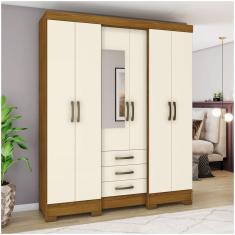 Guarda Roupa Casal 6 Portas 3 Gavetas Com Espelho Santorini Henn Nature/Off White