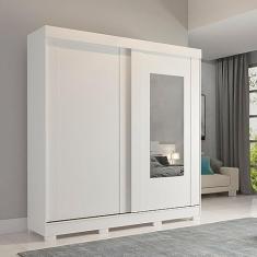Guarda Roupa Mdf 2 Portas de Correr Espelho 3 Gavetas Internas e 8 Pés Ilhéus Panan Móveis Branco