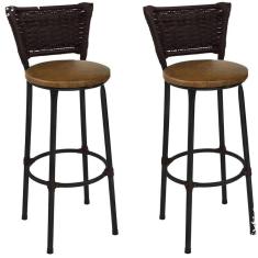 Kit 2 Banquetas Médias Preta com Encosto Junco Argila Assento Marrom