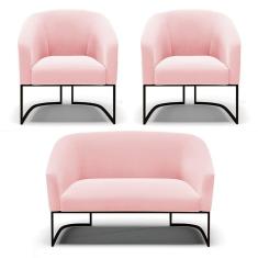 Sofá Namoradeira E 2 Poltronas Base Industrial Preto Stella Suede Rosa Bebê D03 - D`rossi