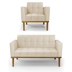 Sofá Namoradeira E Poltrona Base De Madeira Castanho Elisa Corino Bege D03 - D`rossi