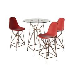 Jogo Mesa Bistrô Eames Vidro 60Cm 3 Banquetas Vermelha Base Ferro Cobr