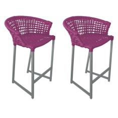 Kit 2 Banquetas Reis Em Corda Náutica E Base Em Alumínio Cinza Para área Gourmet Externa Rosa Rosa
