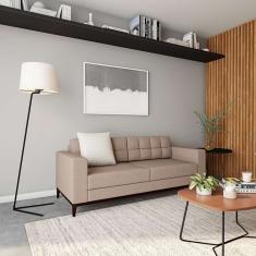 Sofá 3 Lugares Live Pés e Base em Madeira Linho Cotton Bege 180 cm