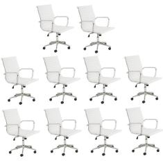Kit 10 Cadeiras De Escritório Presidente Giratória Sevilha Baixa Rivatti Branco