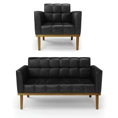 Sofá Namoradeira E Poltrona Base De Madeira Castanho Elisa Corano D03 - D'rossi Cor Preto