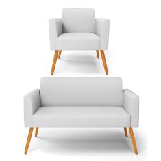 Sofá Namoradeira com Poltrona Pés Palito Castanho Marisa Linho Cinza A05 D03 - D'Rossi