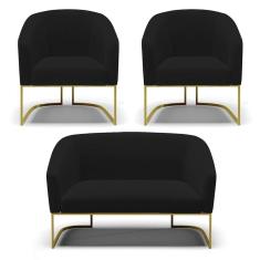 Namoradeira E 2 Poltronas Base Industrial Dourado Stella Linho D03 - D`rossi Cor A79 Preto