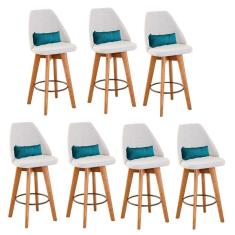 Kit 07 Banquetas Alta Maya Giratória Com Encosto Gourmet Linho Bege e Almofada Sintético Azul Turquesa - Aurora Line