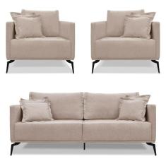 Kit 2 Poltronas e Sofá Living 2 Lugares 1,80m Sirius Linho Pés Metálic