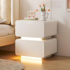 Mesa de cabeceira moderna com luz LED pequena mesa lateral mesa lateral com 2 gavetas, mesa lateral para quarto, escritório, dormitório, mesa de canto rústica fácil de montar, sólida e estável. Branco