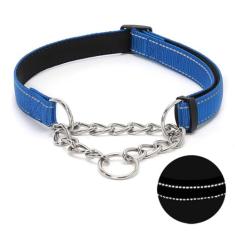 Coleira para cães Martingale com corrente de aço inoxidável, coleira refletiva de nylon acolchoada macia, sem puxão, corrente resistente, para cães grandes, médios e pequenos (azul, 33 cm - 59,9 cm)