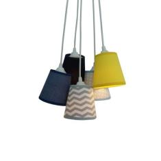 Lustre Pendente Luminária Mix Tecidos Chevron Cinza, Azul e Amarelo - 