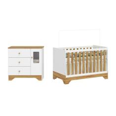 Quarto De Bebê Cômoda 1 Porta Com Janela E Berço Minicama 100% Mdf Ravy Espresso Móveis Branco Brilho amêndoa