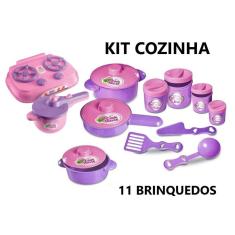 Kit Cozinha Infantil com 11 Brinquedos Fogão, Potes de Mantimentos  Arroz, Feijão, Açucar ,Café e 2 Panelinhas com tampa