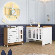 Quarto de Bebê Gabrielle Berço 3 em 1 Cômoda Infantil com Porta Branco com Bétula Carolina Baby