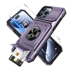 Benbenjaytek Capa carteira para iPhone 15 Pro com suporte para cartão + 1 protetor de tela, (2 cartões) e suporte de anel de 360°, capa resistente à prova de choque de grau militar para iPhone 15 Pro