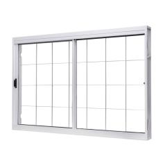 Janela de Aço de Correr Central 100x150cm 2 Folhas com Grade Quadriculada e Vidro Liso Unic Sol Ramassol Branco