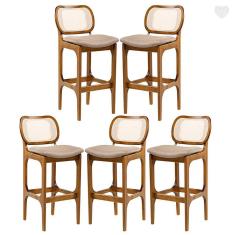 Kit 5 Banquetas Alta para Balcão Decor Madeira Imbuia Encosto Rattan Linho Marrom L87 RMI