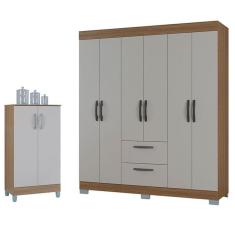 Guarda Roupa Casal Tóquio 6 Portas com Armário Multiuso 2 Portas Pequeno Castanho Off White - Poquema