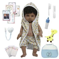 Boneco Reborn Bebê Menino 100% Vinil Bolsa Roupão Girafa - Cegonha Reb