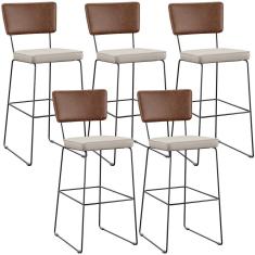 Kit 05 Banqueta Alta Cozinha Allana L02 Marrom Linho Cru