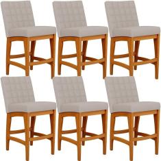 Kit 06 Banquetas Baixa Fixa Mila L02 Madeira Eucalipto Assento Linho Bege Lyam Decor