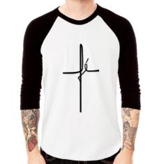 Camiseta Raglan Fé em Cruz Manga 3/4 - Foca na Moda, Branco, Preto, GG